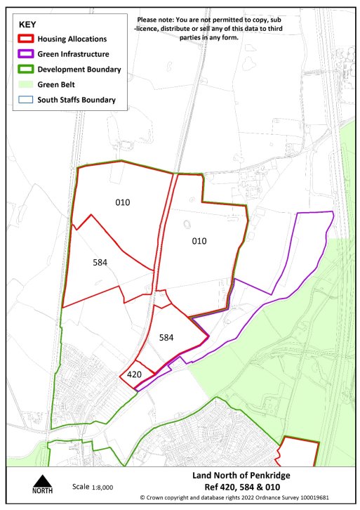 Red line boundary of site references 420, 584 & 010. Location of proposed allocations within Penkridge.