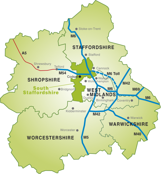 The location of South Staffordshire in the context of the West Midlands and surrounding counties of Shropshire, Worcestershire, Warwickshire, and Staffordshire.