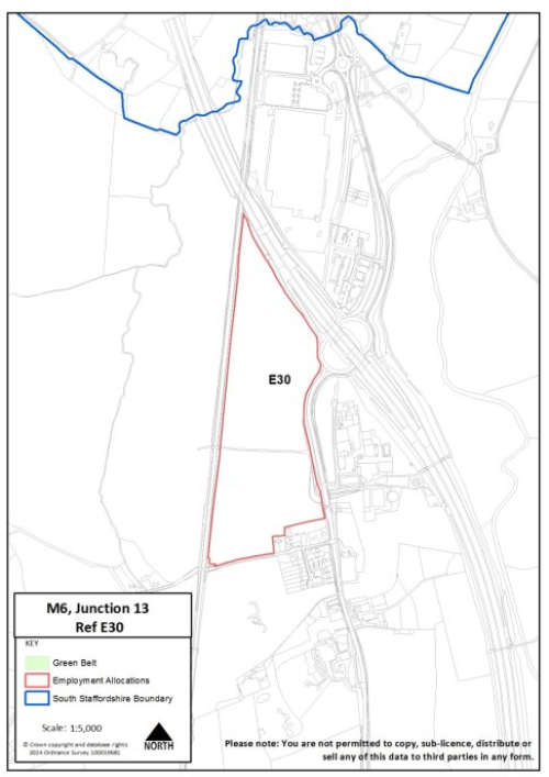 Red line boundary of proposed employment allocation at M6, Junction 13, site reference E30